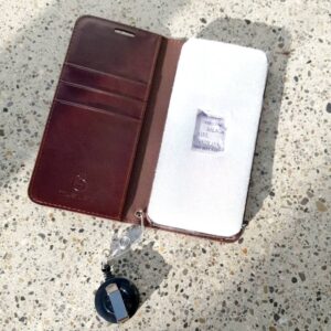 grommeted leather mobile phone wallet